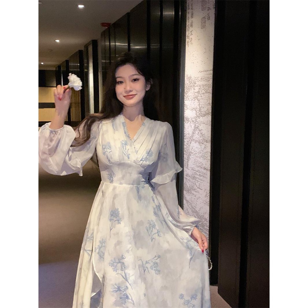 Đầm maxi Vải Voan Cổ V Tay Dài In Hoa Kiểu Pháp Thời Trang Mùa Hè Cho Nữ