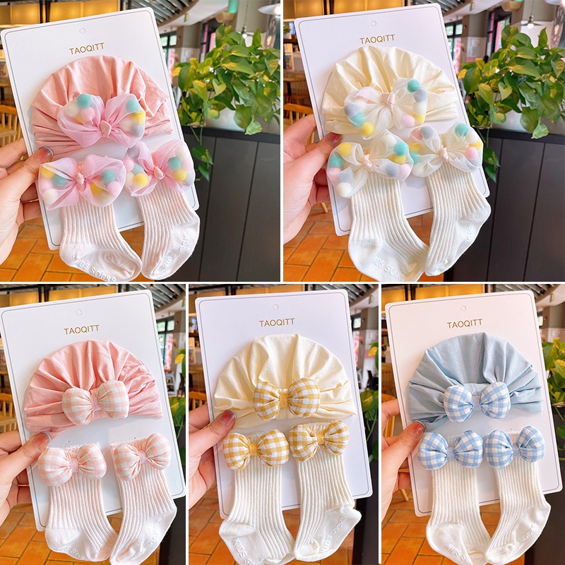 Set 2 Đôi Vớ + Mũ Cotton Mềm Co Giãn Đính Nơ Dễ Thương Cho Bé Sơ Sinh