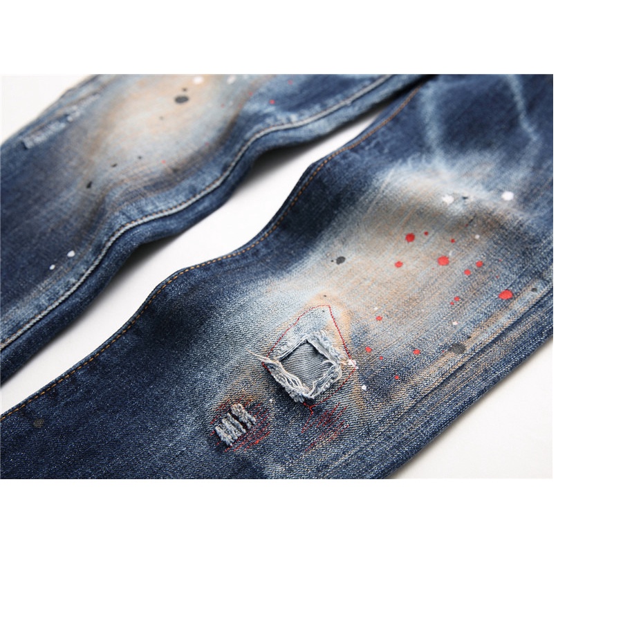 Quần Jean Nam skinny Nhỏ Mới Với Lỗ Vải Dính Không Sơn Màu Xanh Dương 1048