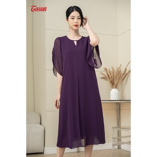 Đầm tím cẩm voan hàn quốc, dáng suông dài, cổ tròn sẻ V Limitted 40058T33 Toson