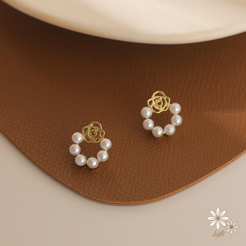Bông tai khuyên tai bạc nữ đính ngọc trai thời trang Hàn Quốc Pha lê Nơ hồng Hoa tai hình cho phụ nữ Quà tặng phụ kiện trang sức