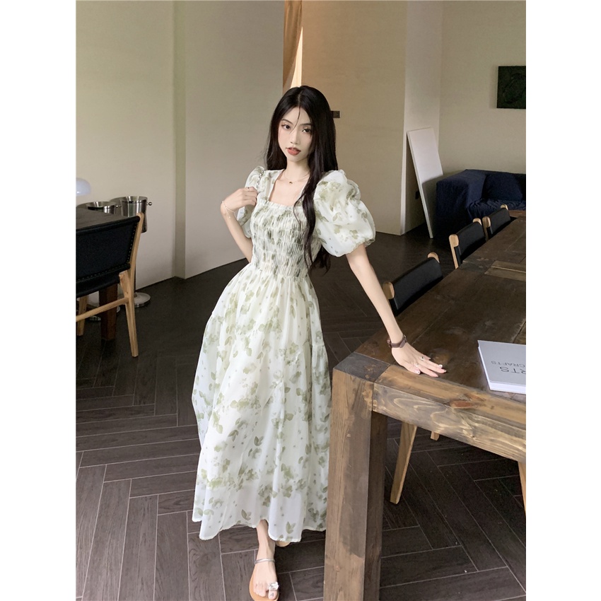 Đầm Voan Hoa Tay Phồng Cổ Vuông Nhấn Eo Xinh Xắn Thời Trang Cho Nữ