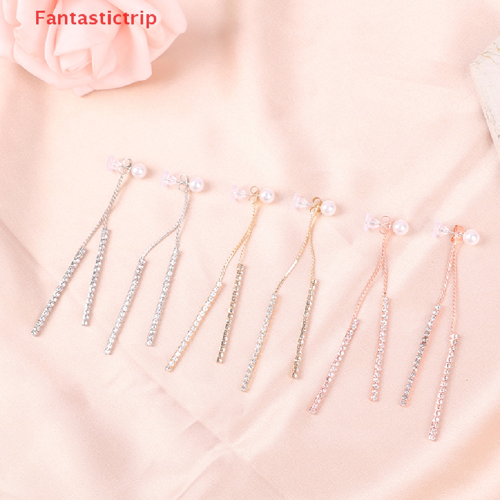 [Fantastictrip] Bông Tai Kim Loại Dài Hình Nơ Đen Đính Pha Lê Sáng Bóng Mới