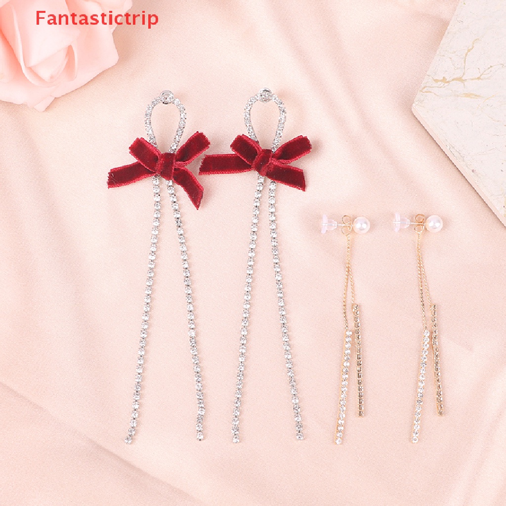 [Fantastictrip] Bông Tai Kim Loại Dài Hình Nơ Đen Đính Pha Lê Sáng Bóng Mới