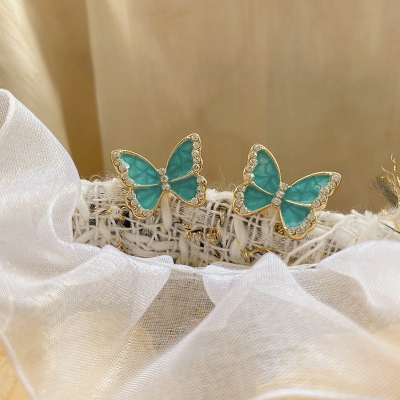 Bông Tai Mạ Bạc 925 Hình Bướm Xanh Đính Kim Cương Nhân Tạo