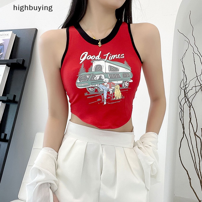 Áo Hai Dây Cổ Tròn In Họa Tiết Màu Sắc Tương Phản Phong Cách Retro Cho Nữ