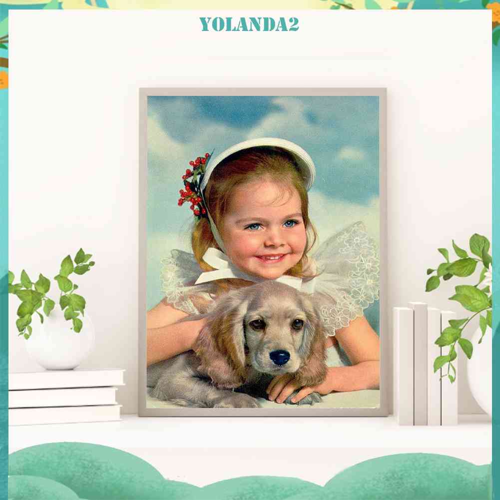 Tranh Đính Đá Kim Cương Toàn Bộ 5D DIY Hình Vẽ Chó Bé Gái Trang Trí Tường