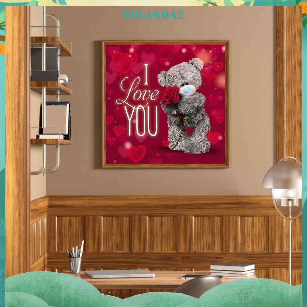 Tranh Đính Đá Kim Cương Toàn Bộ 5D DIY Hình Vẽ Gấu Hoa Hồng