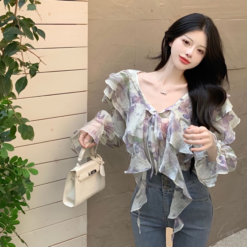 Áo Sơ Mi Chiffon Tay Dài Dáng Rộng Phối Bèo Kiểu Pháp Thời Trang Mùa Xuân Xinh Xắn