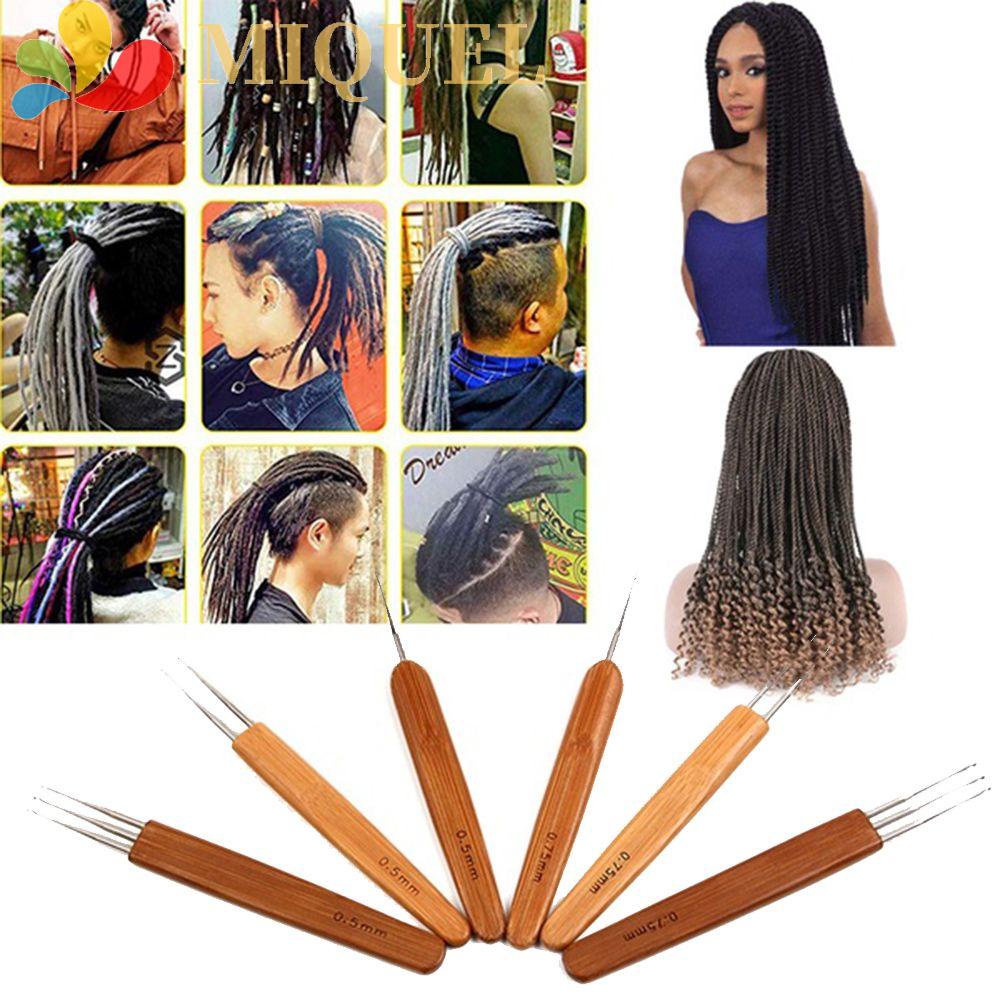 [Hàng mới về] Dụng cụ kim móc bện tóc ống khóa một đầu/ hai đầu/ ba đầu thép không gỉ với tay cầm bằng gỗ tre tiện lợi