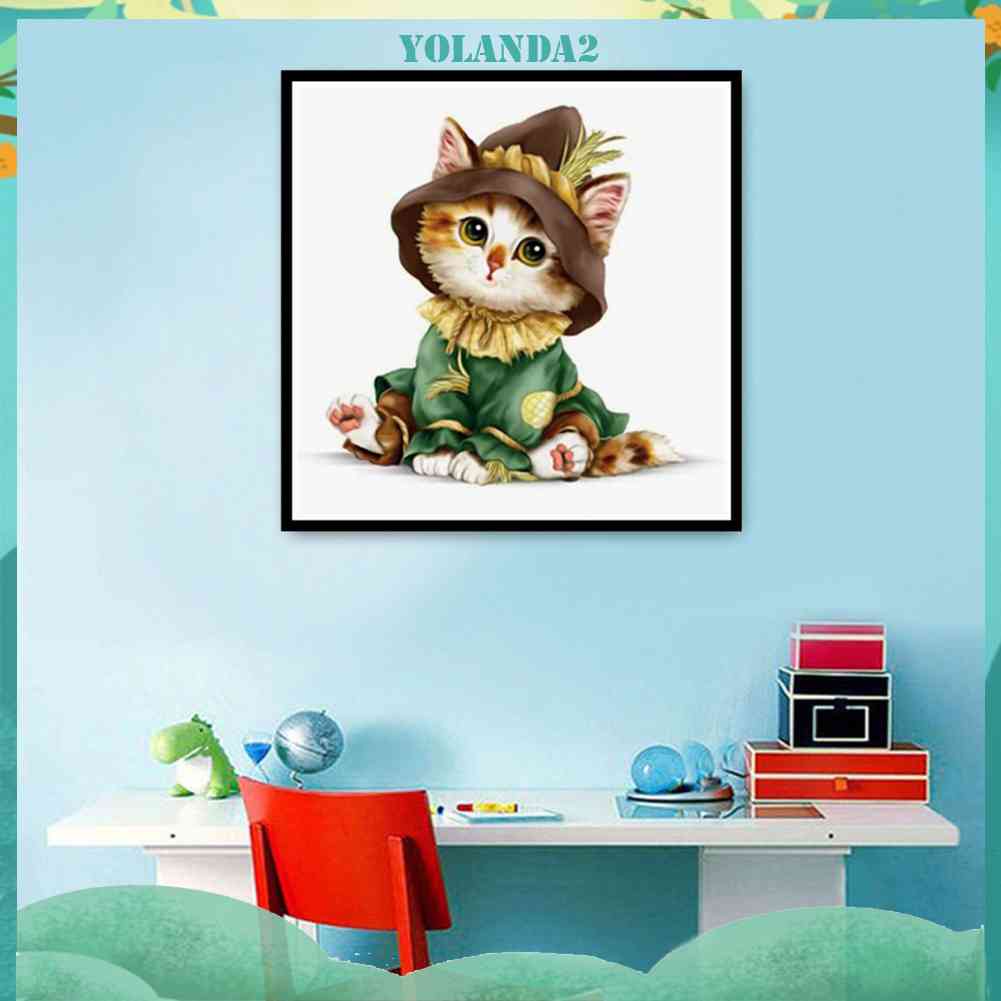 Tranh Thêu Trang Trí Thủ Công 5D Hình Mèo Hoạt Hình Dễ Thương (Mũi Thêu Hình X