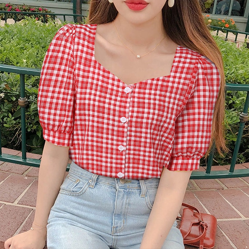 Áo nữ ZANZEA tay phồng họa tiết caro thời trang