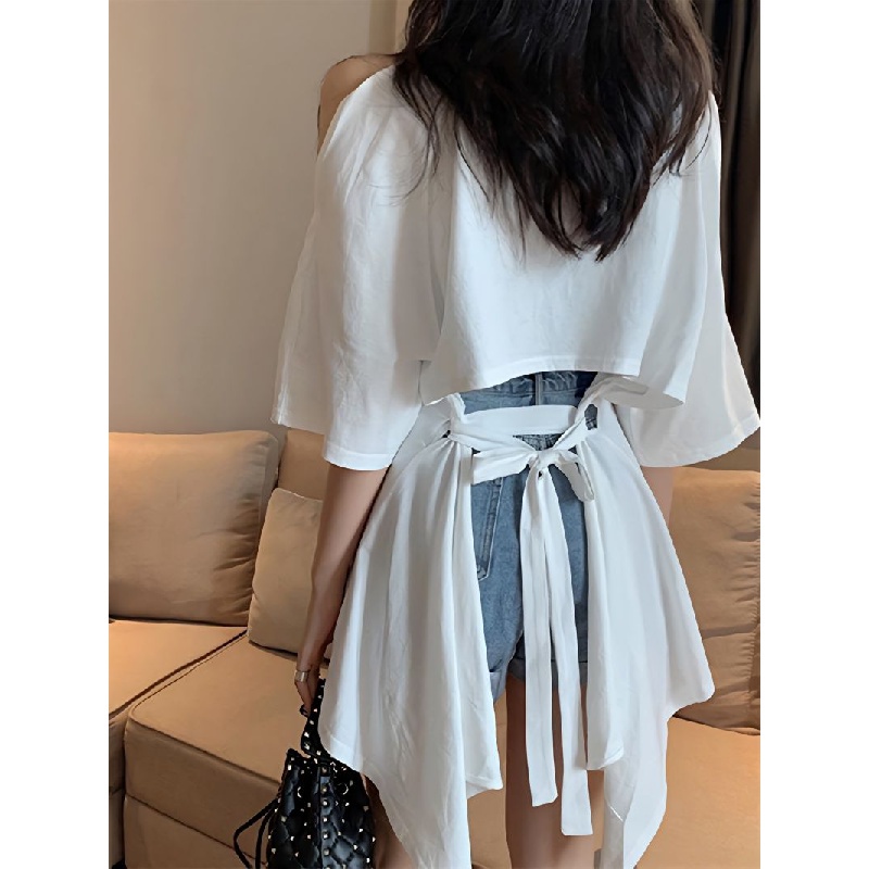 New lace-up design small heart sweater T large size slimming French minority short-sleeved T-shirt for girls off-shoulder large size knitted top