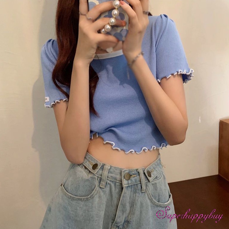 Áo Thun Dệt Kim Tay Ngắn Màu Sắc Đơn Giản Thời Trang Mùa Xuân Dành Cho Nữ