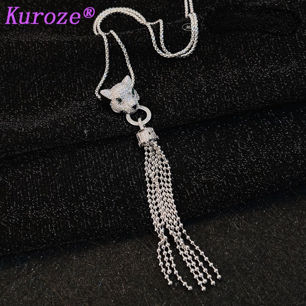 Bông Tai / Vòng cổ Dáng Dài Mặt Hình Đầu Báo Phối Tua Rua Thời Trang Sang Trọng