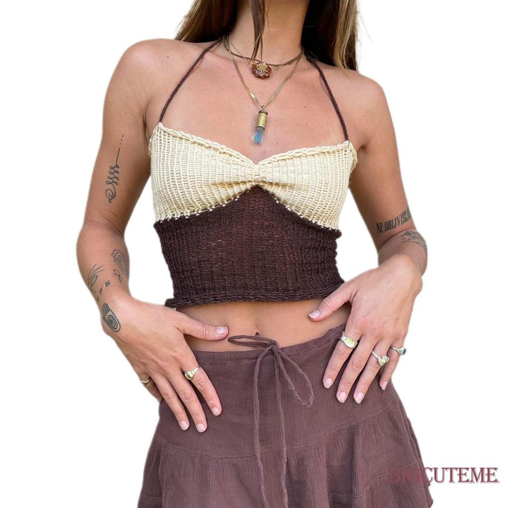 [] - Áo Croptop Dệt Kim Không Tay Ôm Dáng Vừa Vặn Màu Sắc Tương Phản Cho Nữ