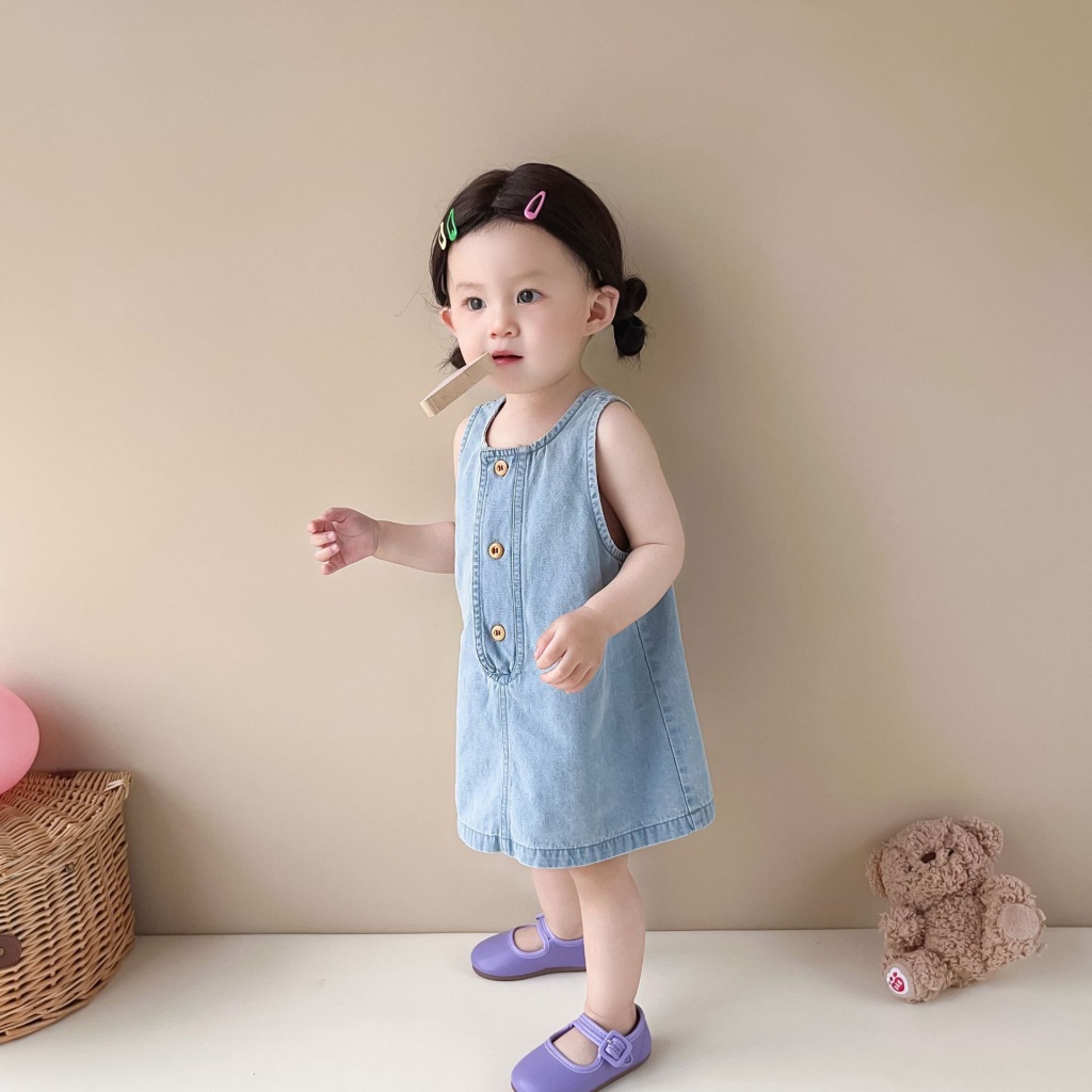 Đầm Denim Sát Nách Mềm Mại Phong Cách Hàn Quốc Thời Trang Mùa Hè Cho Bé Gái 6SCB