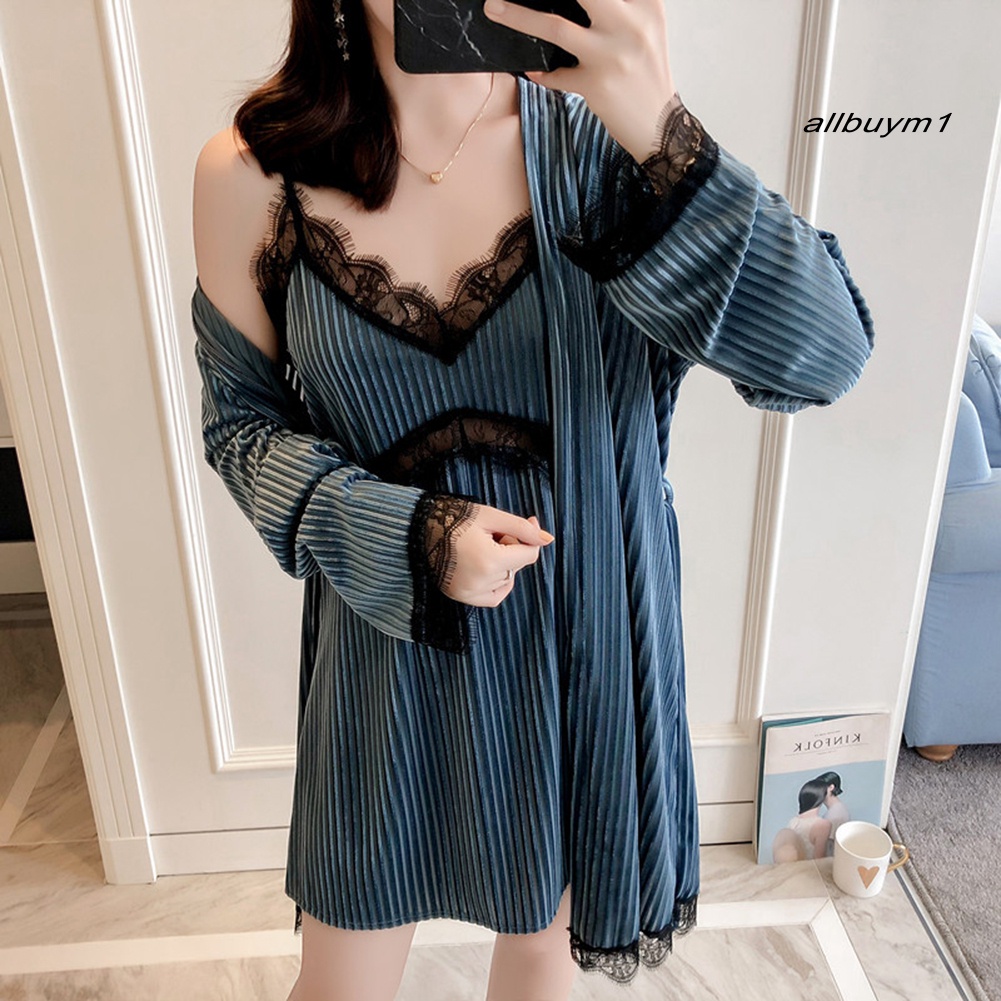 Bộ Đầm Ngủ 2 Dây Tay Dài Phối Ren Gợi Cảm