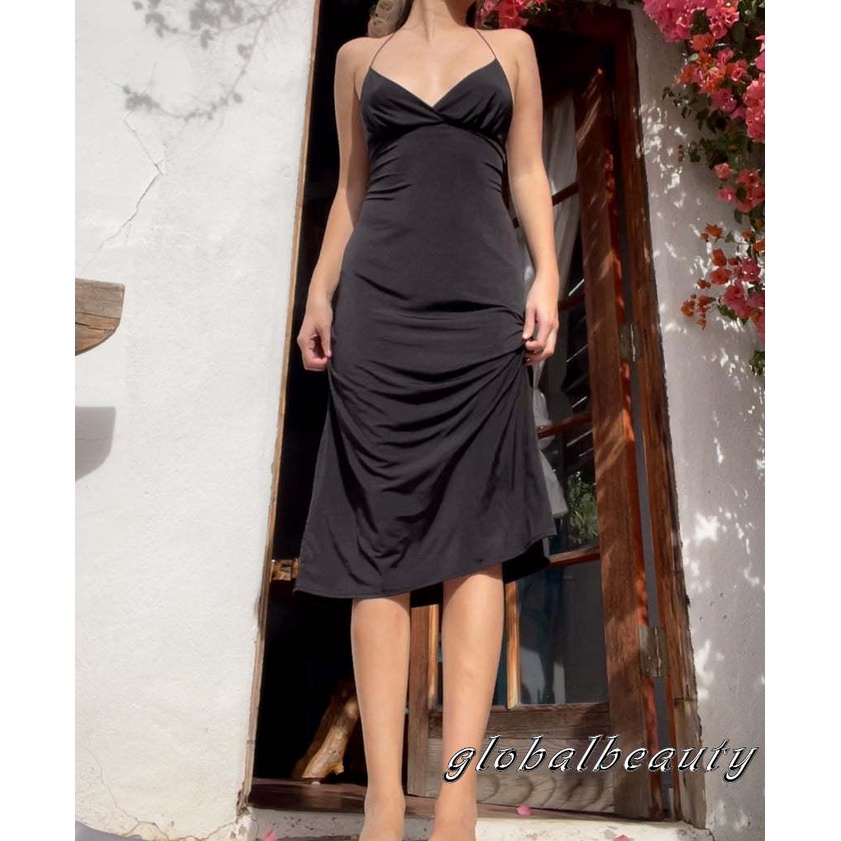 Đầm Midi Hai Dây Cổ Chữ V Hở Lưng Màu Đen Thời Trang Mùa Hè Cho Nữ