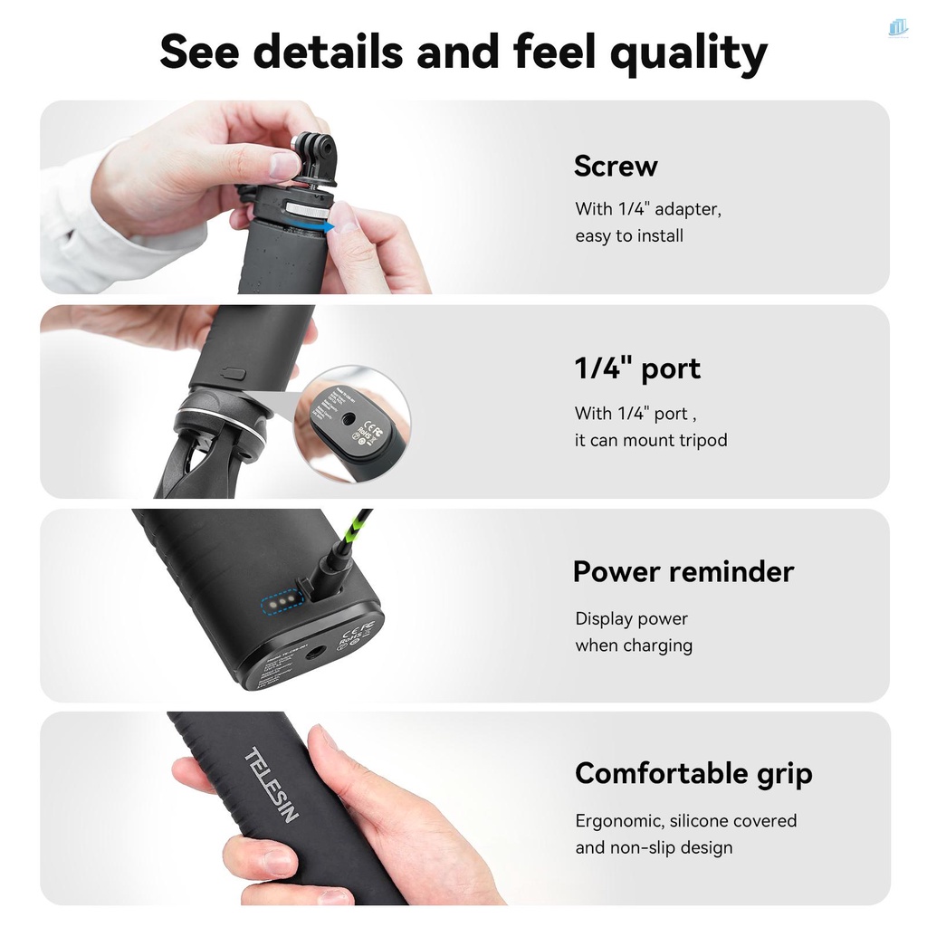 TELESIN Gậy Selfie TE-CSS-001 Sạc Nhanh QC / PD3.0 90CM Bằng Nhựa Resin Kèm Vít 1 / 4 Inch