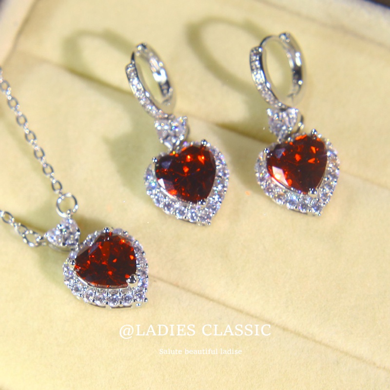 Bộ Dây Chuyền + Bông Tai Hình Trái Tim Đính Đá Sapphire Xanh Đỏ Thời Trang Cho Nữ