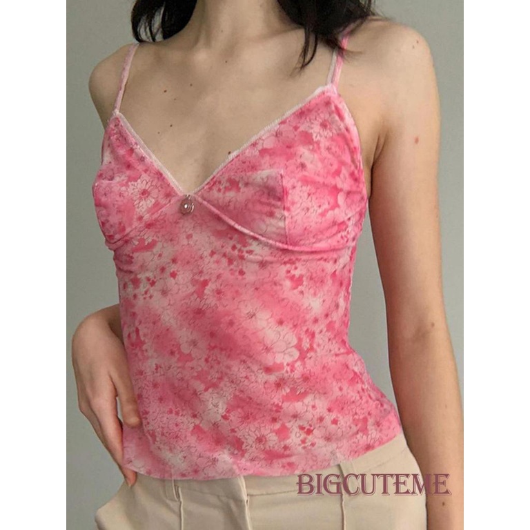 Áo Sát Nách Cổ Chữ V Xuyên Thấu In Họa Tiết Hoa Phong Cách Đường Phố Thời Trang Mùa Hè Cho Nữ