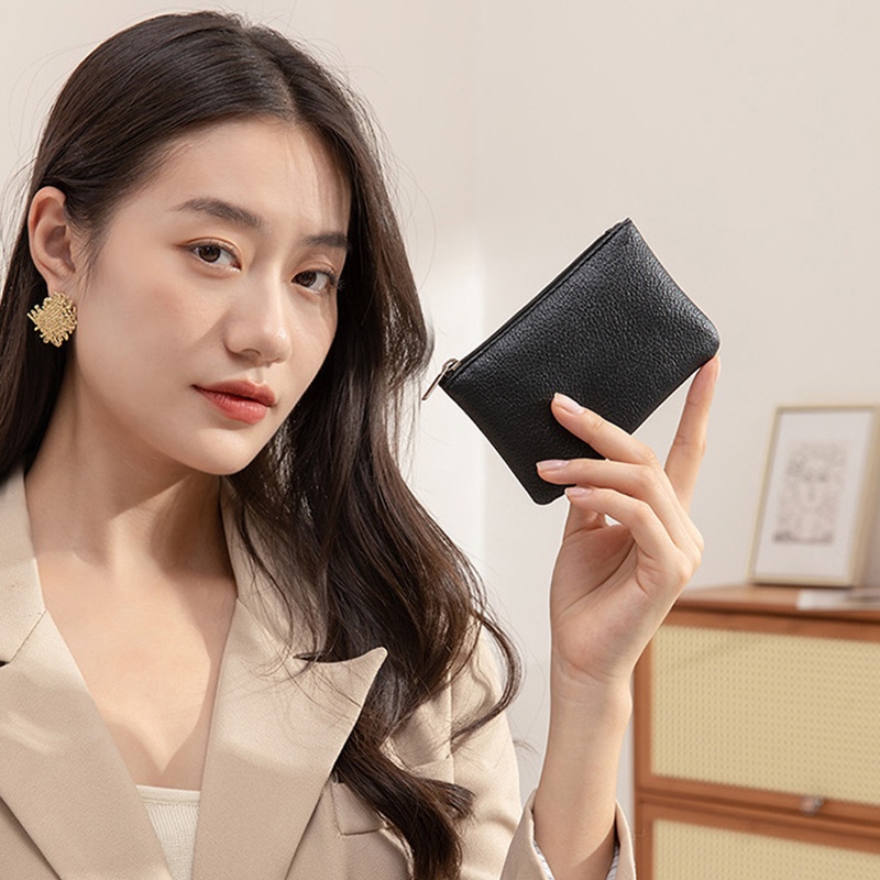 Ví Da pu Siêu Mỏng Màu Trơn Có Khóa Kéo Phong Cách Cổ Điển