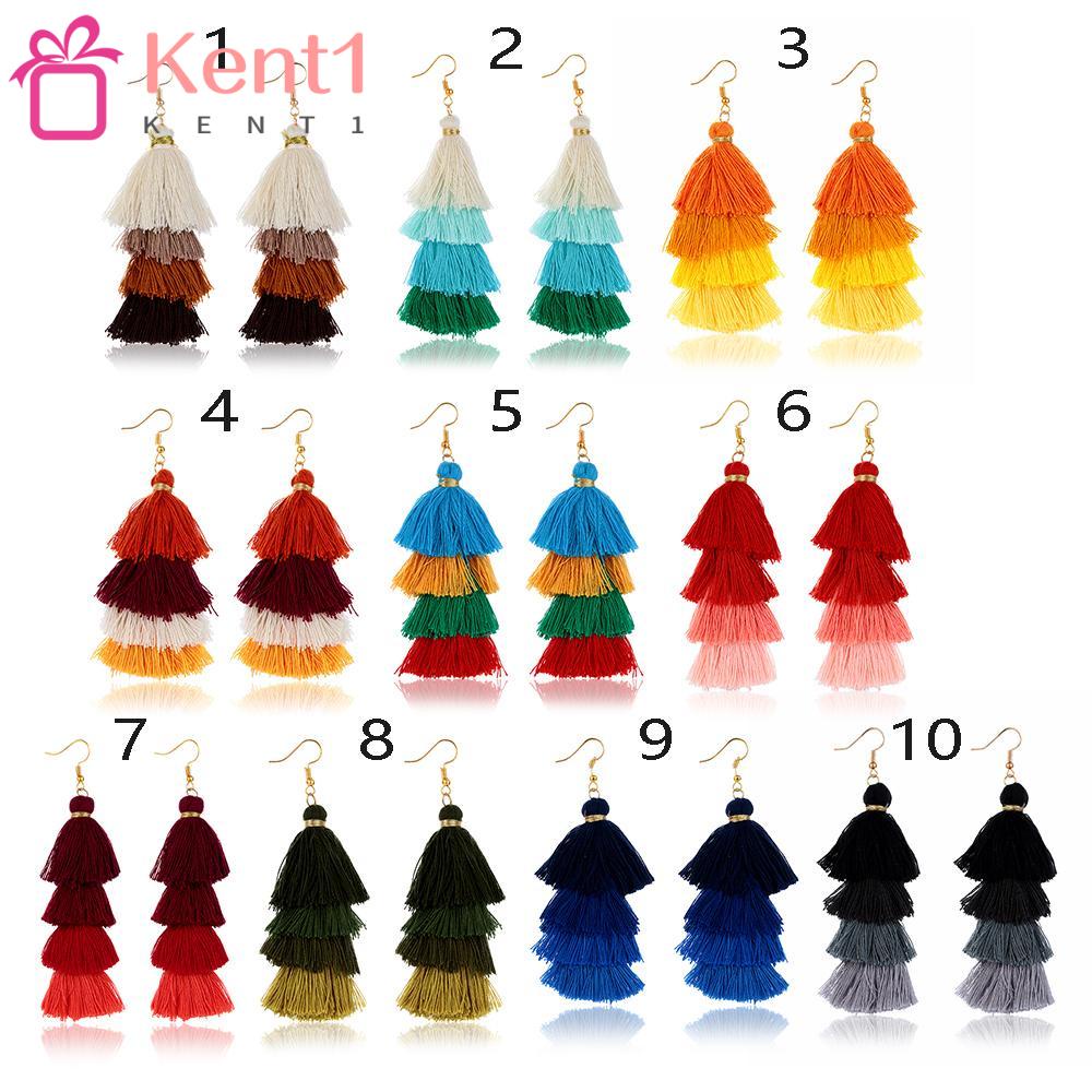 1 Đôi Bông Tai Tua Rua Dáng Dài Màu Gradient Phong Cách Boho Dân Tộc KENT1