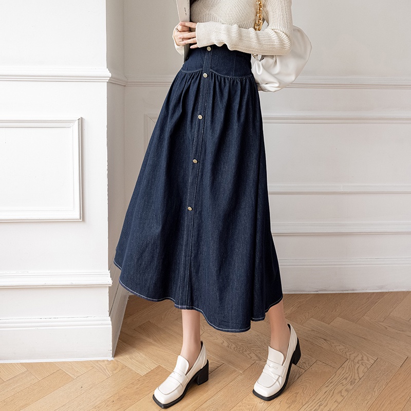 Chân váy denim MULTIPLICATION chữ A lưng cao màu xanh dương đậm phong cách retro Pháp thời trang mùa xuân cho nữ