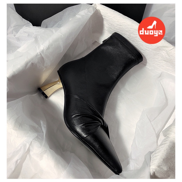 Duoya Tóc Thẳng ~  Giày Bốt Cao Gót Mỏng Đính Nơ Phong Cách Hàn Quốc Cá Tính Cho Nữ Fre