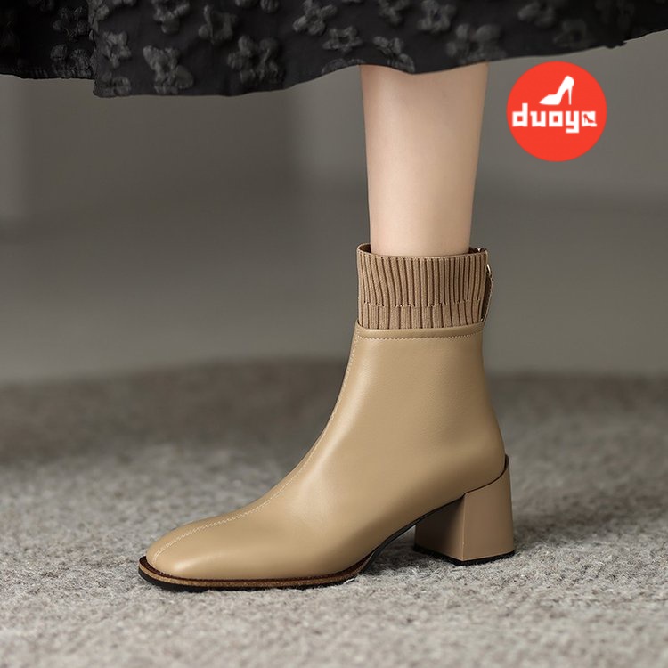 Giày Bốt Cao Gót Martin Cao Su PU Mỏng Ống Ngắn Phối Khóa Kéo Thời Trang Thu Đông 2022 Cho NữGiày Bốt Mũi Vuông Đế Dày 6-8cm Thiết Kế Dễ Thương