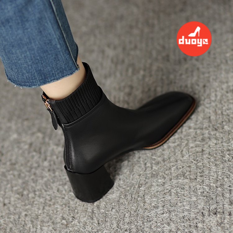 Giày Bốt Cao Gót Martin Cao Su PU Mỏng Ống Ngắn Phối Khóa Kéo Thời Trang Thu Đông 2022 Cho NữGiày Bốt Mũi Vuông Đế Dày 6-8cm Thiết Kế Dễ Thương