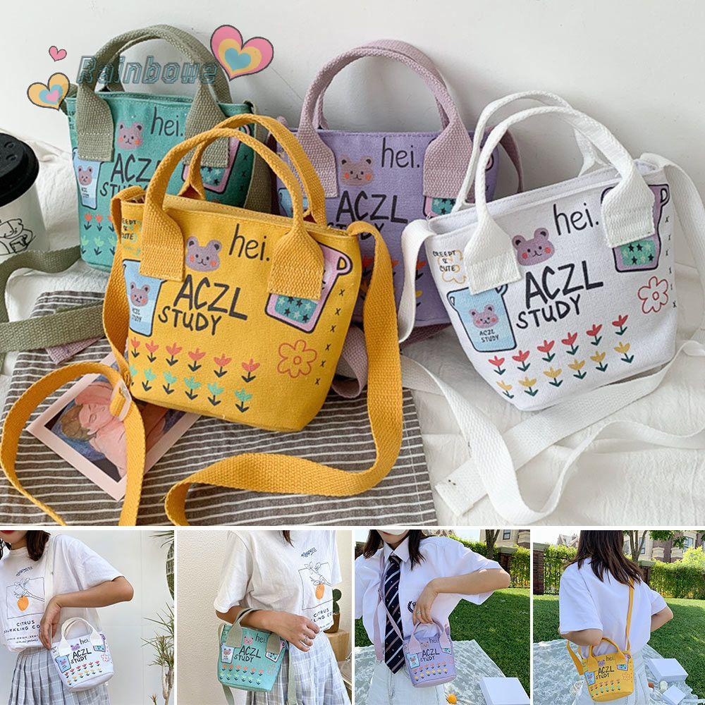 Túi Đeo Vai Vải Canvas In Họa Tiết Hoạt Hình Màu Cầu Vồng Dễ Thương Cho