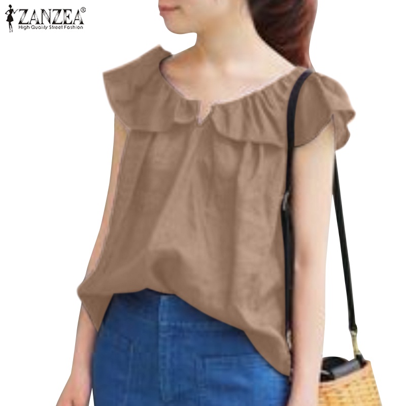 Áo tanktop ZANZEA không tay nhún bèo cổ chữ V phong cách Hàn Quốc cho nữ