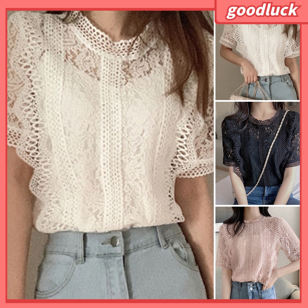 Áo Sơ Mi Tay Ngắn Cổ Tròn Dáng Rộng Phối Ren Thanh Lịch Thời Trang Mùa Hè