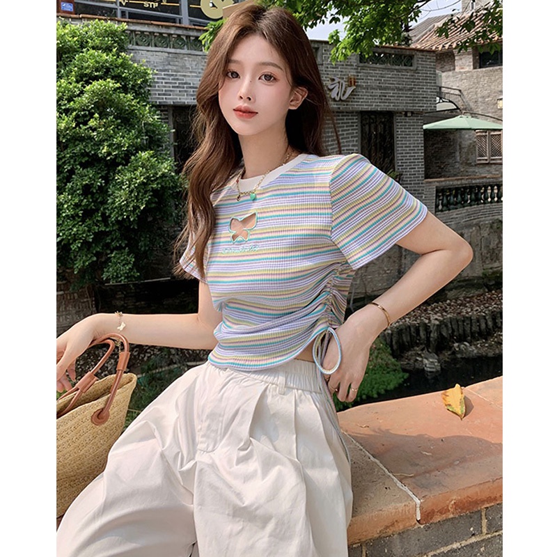 Áo Thun cotton Ngắn Tay Họa Tiết Kẻ Sọc Ngang Vai Trước Thời Trang Mùa Hè Phong Cách Hàn Quốc Mới Cho Nữ
