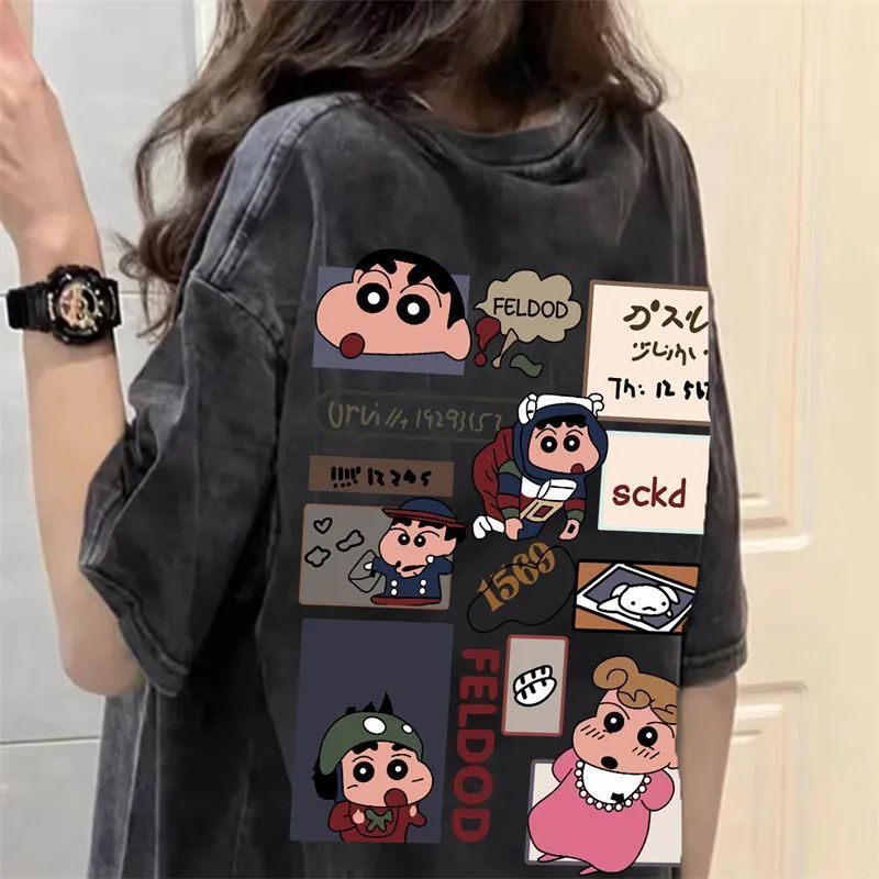 Áo Thun Cotton Tay Ngắn In Họa Tiết Hoạt Hình Cậu Bé Bút Chì Phong Cách Retro