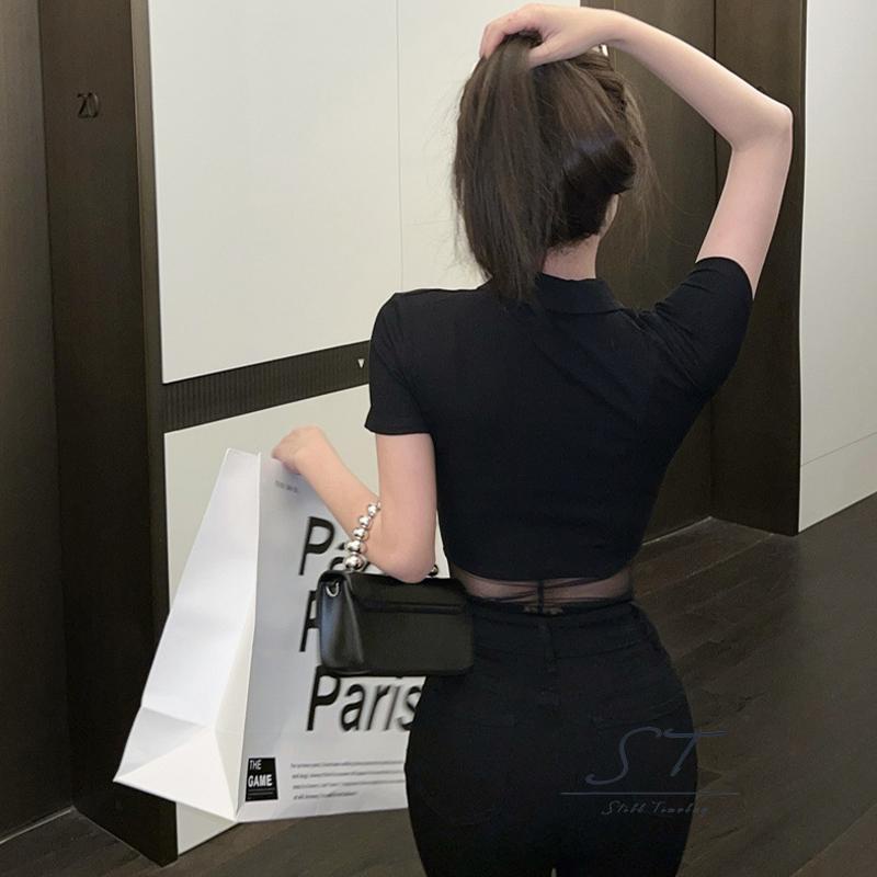 Bộ Áo Liền Quần Tay Ngắn Màu Trơn Phối Lưới Xuyên Thấu Có Khóa Kéo CY03 Thời Trang Cho Nữ