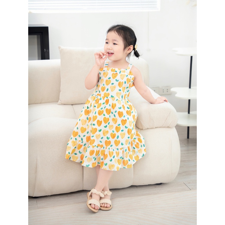 Váy Bé Gái CARROT Hai Dây Bèo Ngực, Họa Tiết Tim Vàng, Chất Liệu Thô Cotton Thấm Hút Mồ Hôi Tốt