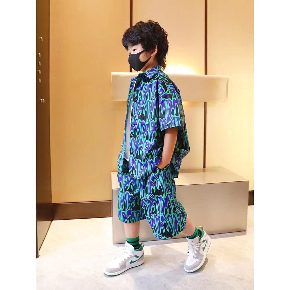 Bộ Đồ Áo Sơ Mi In Hoạt Hình Ngọn Lửa + Quần Short Thời Trang Mùa Hè Cho Bé Trai
