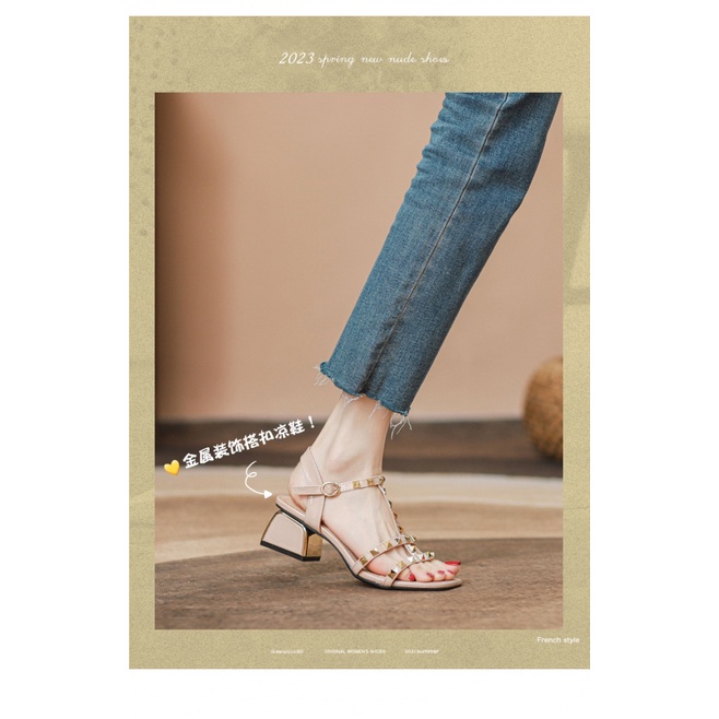 Giày Sandal Cao Gót Phối Đinh Tán Thời Trang Mùa Hè 2023 Dành Cho Nữ