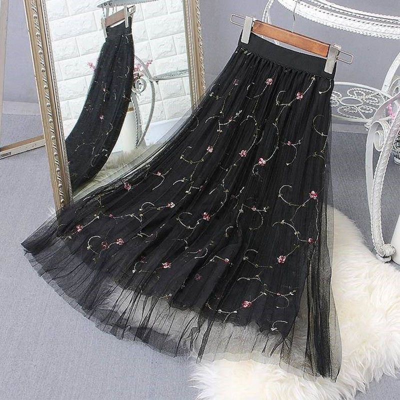 Chân Váy Chữ A Lưng Cao Phối Lưới Họa Tiết Hoa Thêu Thời Trang Cho Nữ