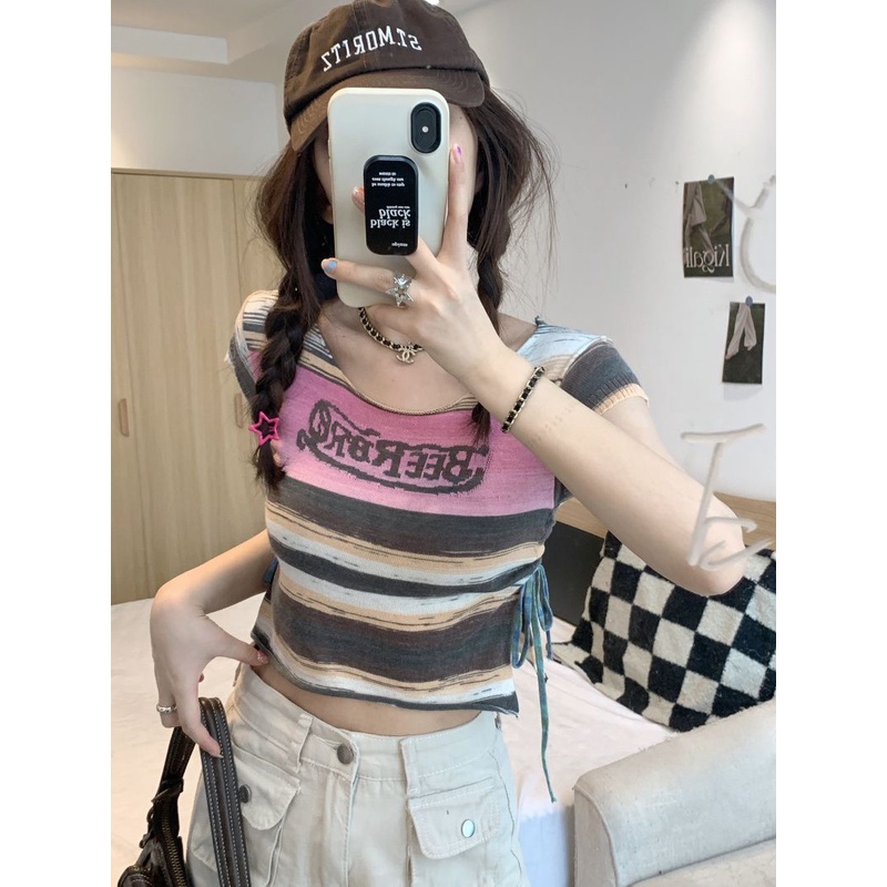 Áo Dệt Kim Dây Rút Kẻ Sọc In Chữ Phong Cách Hàn Quốc Cho Nữ