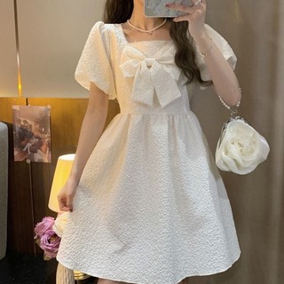 Đầm Tay Phồng Đính Nơ Phong Cách Preppy Dễ Thương Thời Trang Mùa Hè Cho Nữ