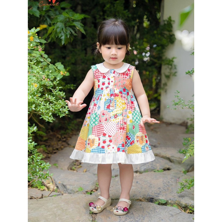 Váy Bé Gái CARROT Cổ Sen, Không Tay , Họa Tiết Hoạt Hình Kim Cương, Chất Liệu Thô Cotton Thấm Hút Mồ Hôi Tốt