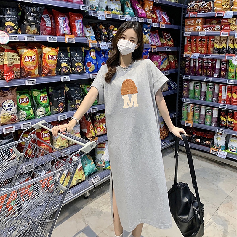 Đầm Midi Cổ Tròn Dáng Rộng Xẻ Tà In Chữ Đơn Giản Thời Trang Mùa Hè Cho Bạn Gái