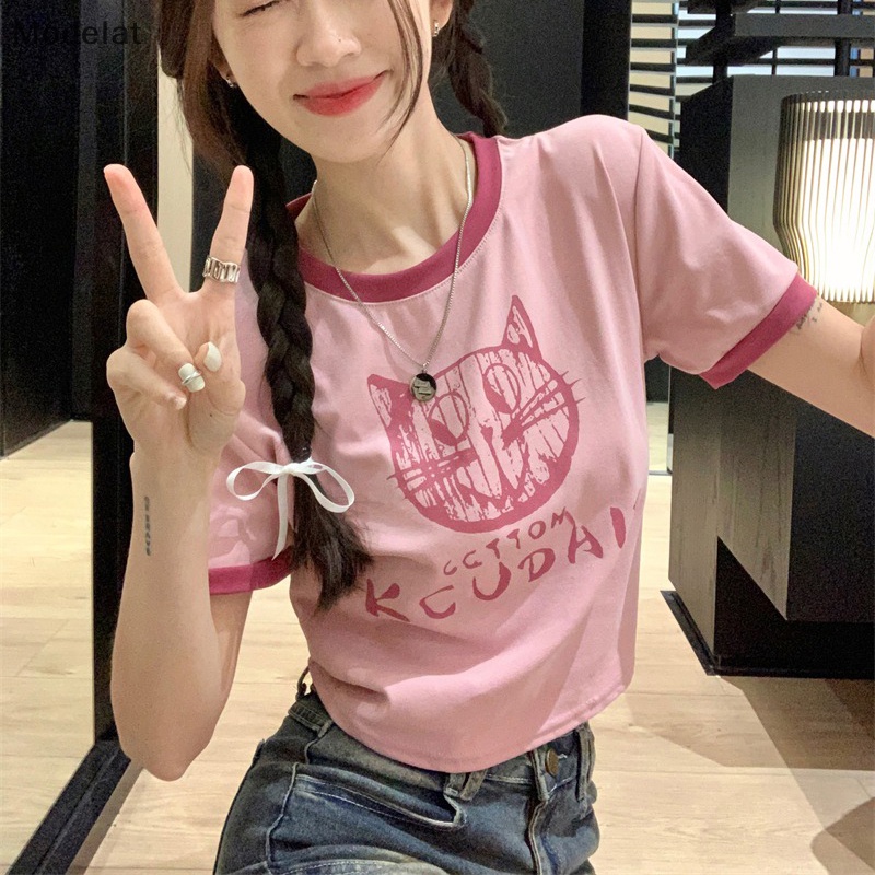 Áo Thun Crop Top Tay Ngắn Cổ Tròn In Chữ Phối Màu Tương Phản Thời Trang Mùa Hè Cho Nữ