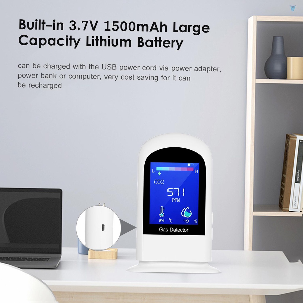 Máy Đo Nhiệt Độ Và Độ Ẩm Carbon Dioxide CO2 / RH / Temp 3 Trong 1 Có Màn Hình LCD Kỹ Thuật Số Có Thể Sạc Lại