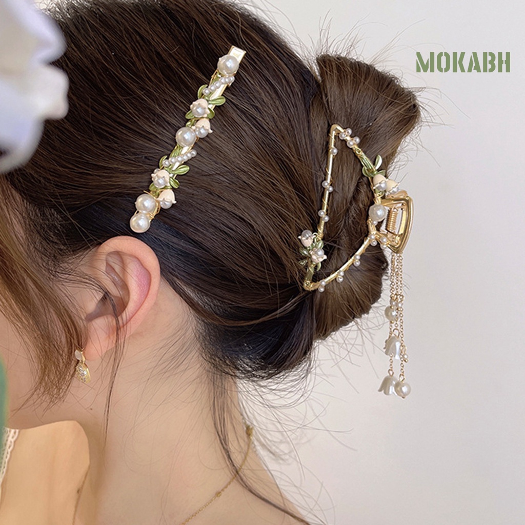 Kẹp Tóc Hình Hoa Lá Đính Ngọc Trai Giả Phong Cách Vintage Cho Nữ