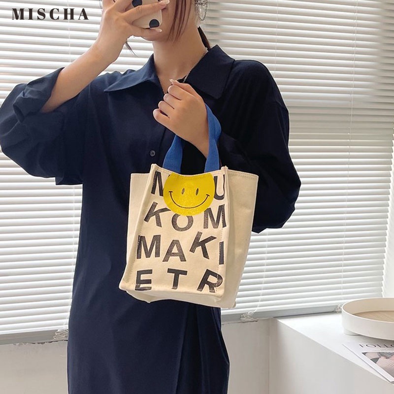 MISCHA Túi Xách Vải Canvas In Hình Mặt Cười Thời Trang Mùa Hè Cho Nữ